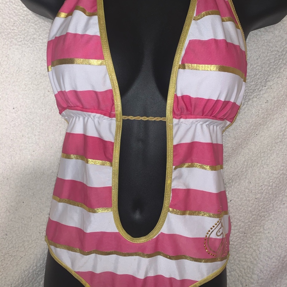 Baby phat monokini pink and white gold trim sz sm
